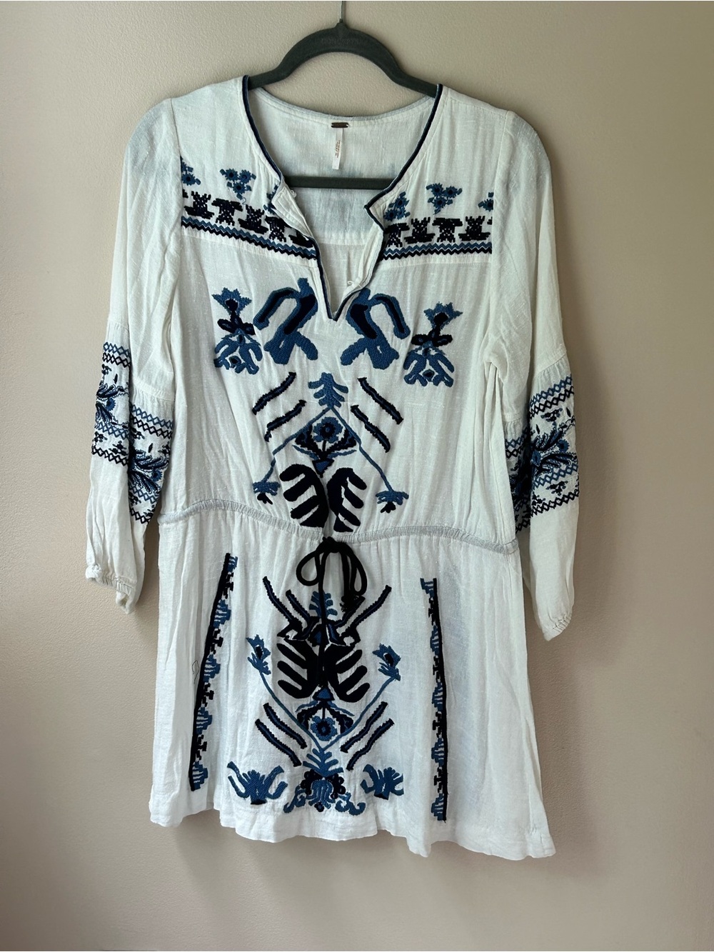 Free People White Tunic with Navy Embroidered Detail